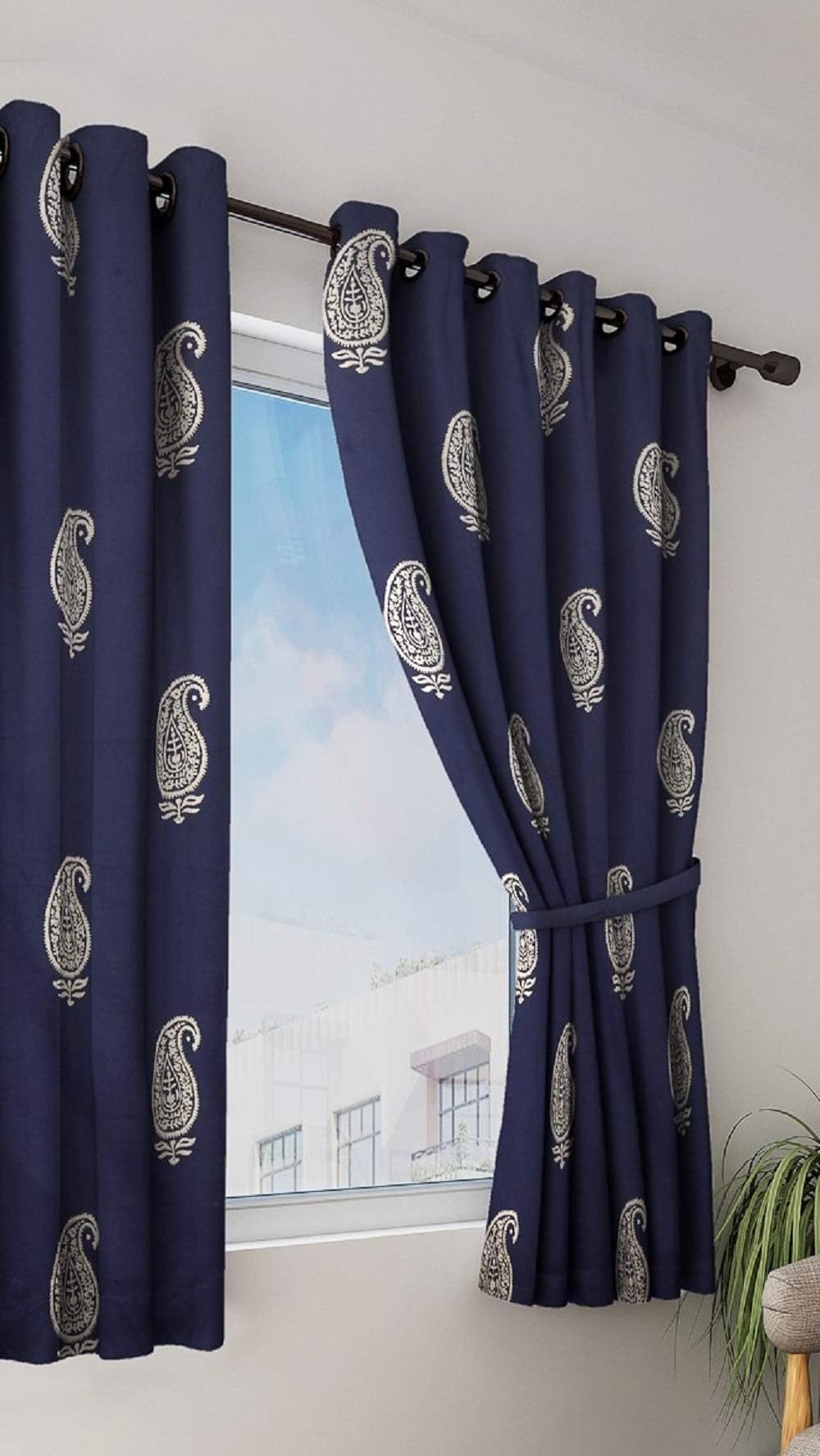 Home Sizzler Cotton Hand Block Print Window Curtain (5 ft, Blue Silver)