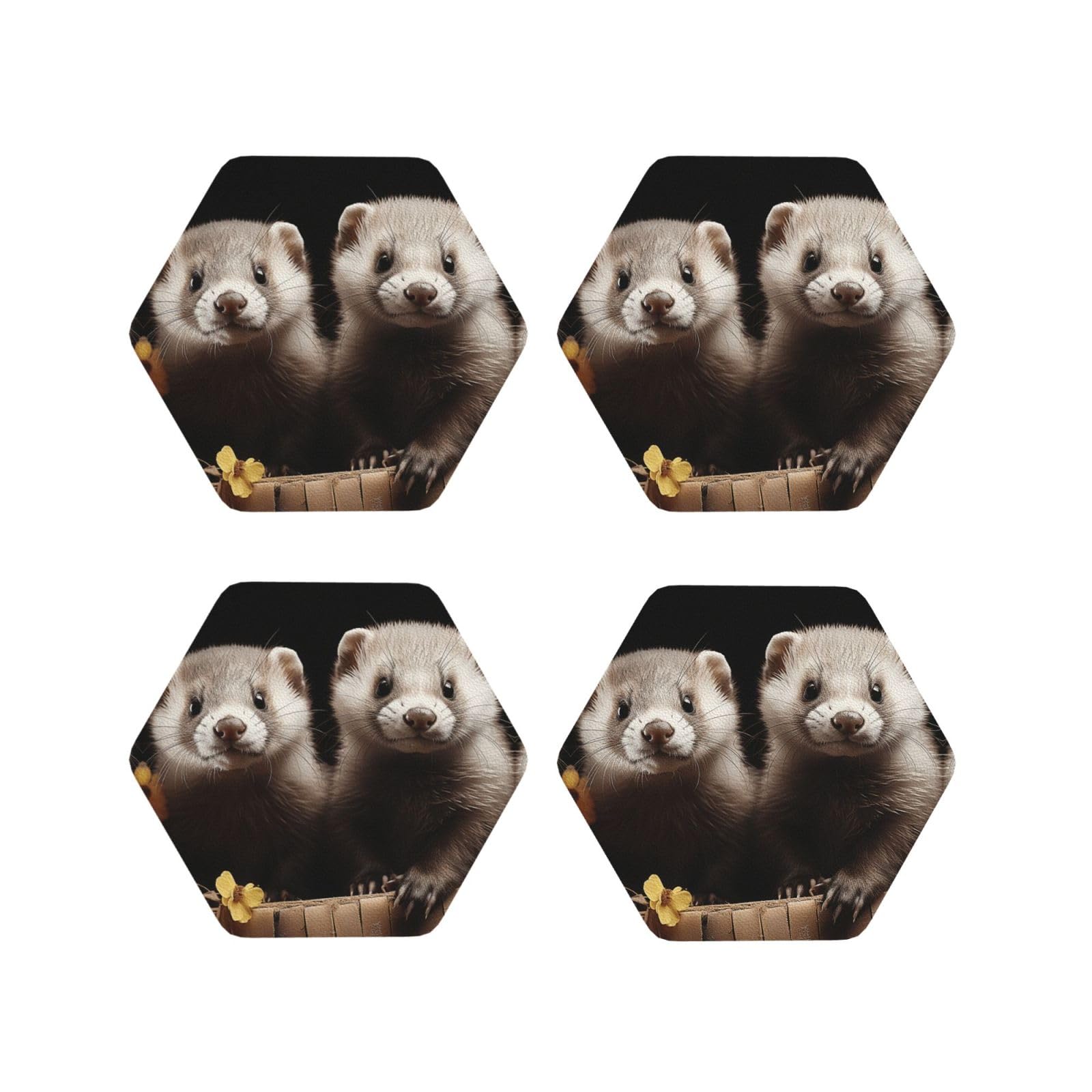 4pcs Drink Coasters for Tabletop Protection, 4" Leather Coasters for Drinks, Ferrets Cup Coasters for Coffee Table Decor, Non-Slip Drinking Cup Mat for Hot Or Cold Drink