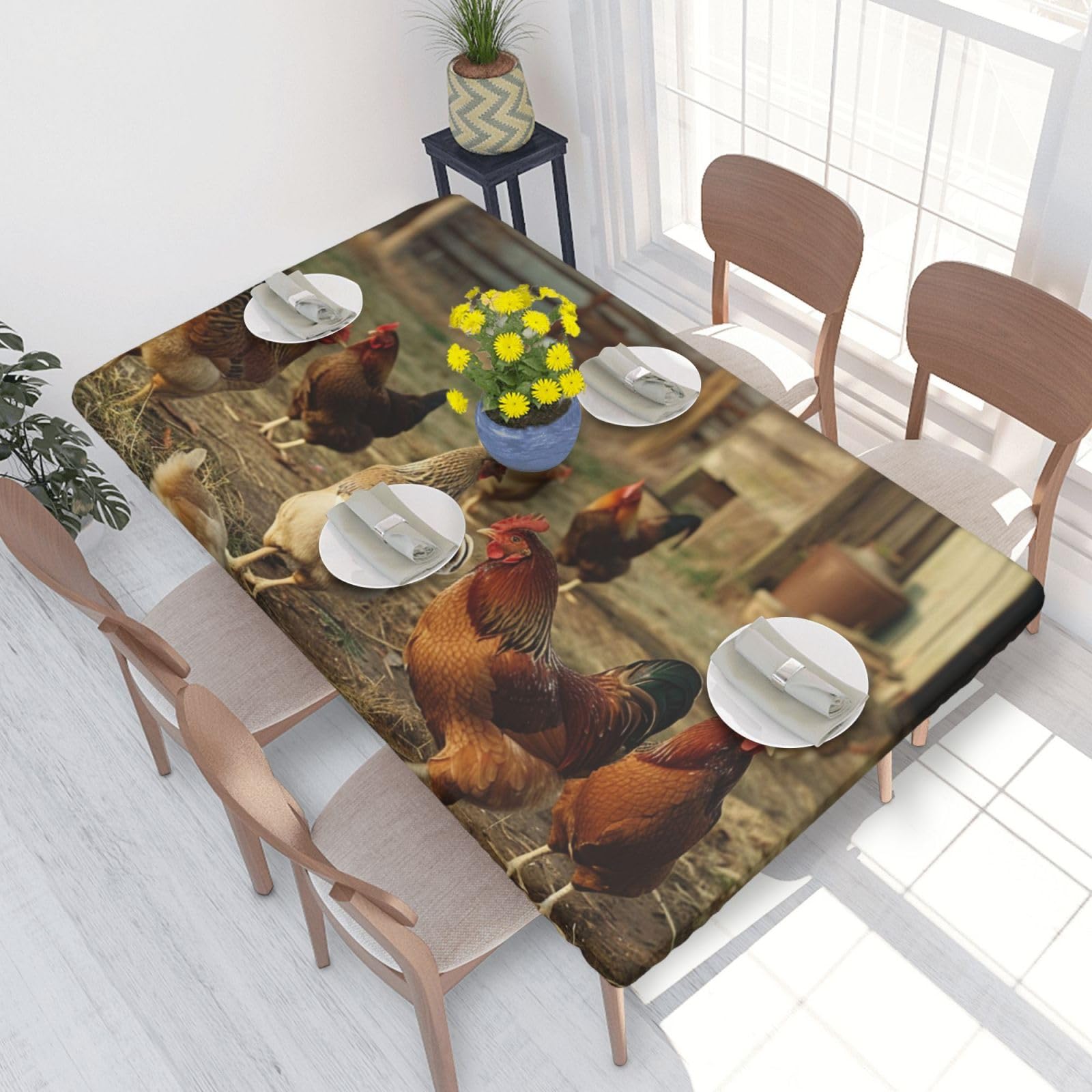 DCARSETCV Farm Chickens Printed 4FT Waterproof Tablecloth with Elastic Edged Protect & Decor Your Table, Oil-proof Washable Table Cloth Cover for Dinner Picnic Party
