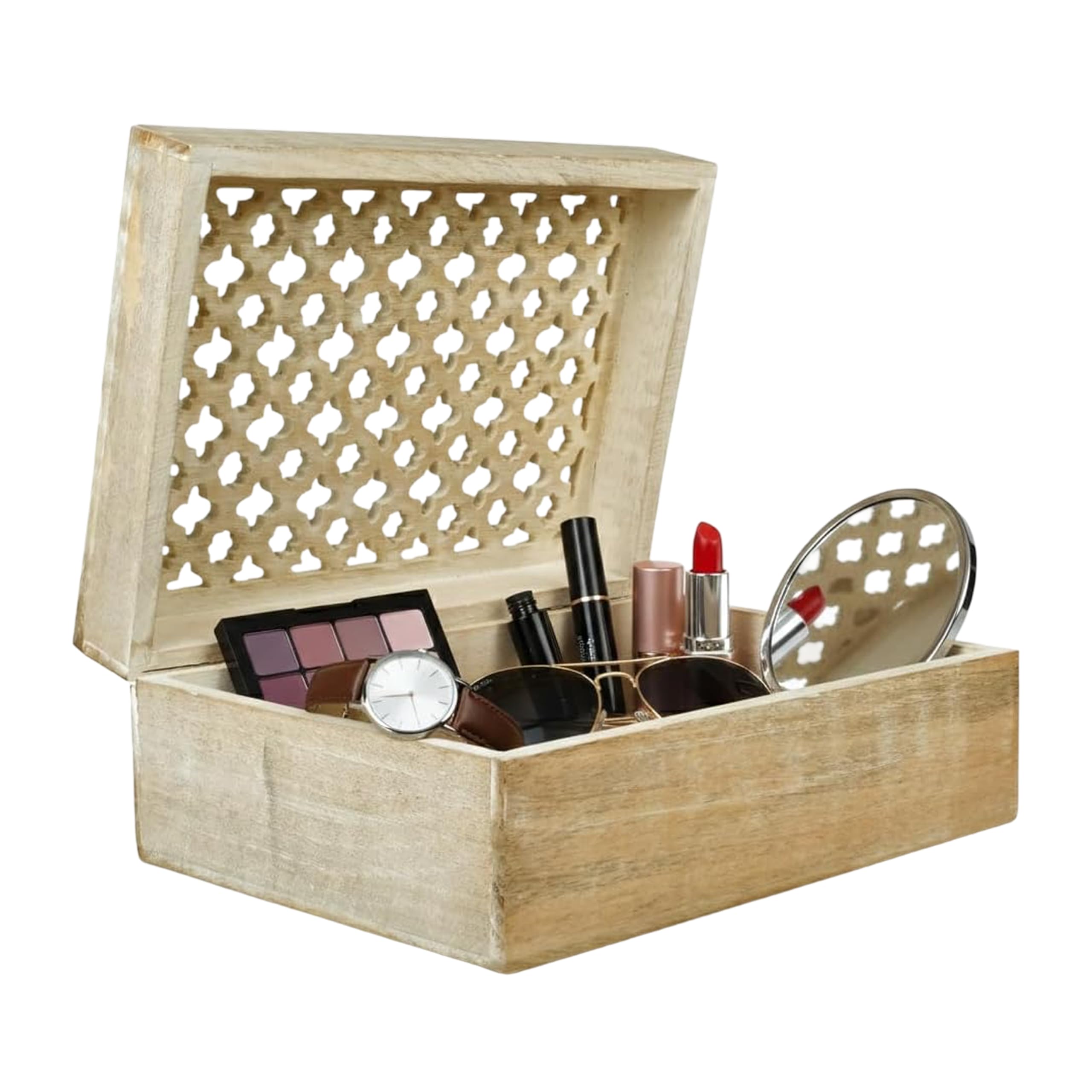 Mela Artisans Aufbewahrungsbox aus Holz mit Scharnierdeckel im Rank-Design – dekorative Holzkiste als Aufbewahrungsbox, Aufbewahrungsbox, 26.7x19.1x10.2 cm, extra groß
