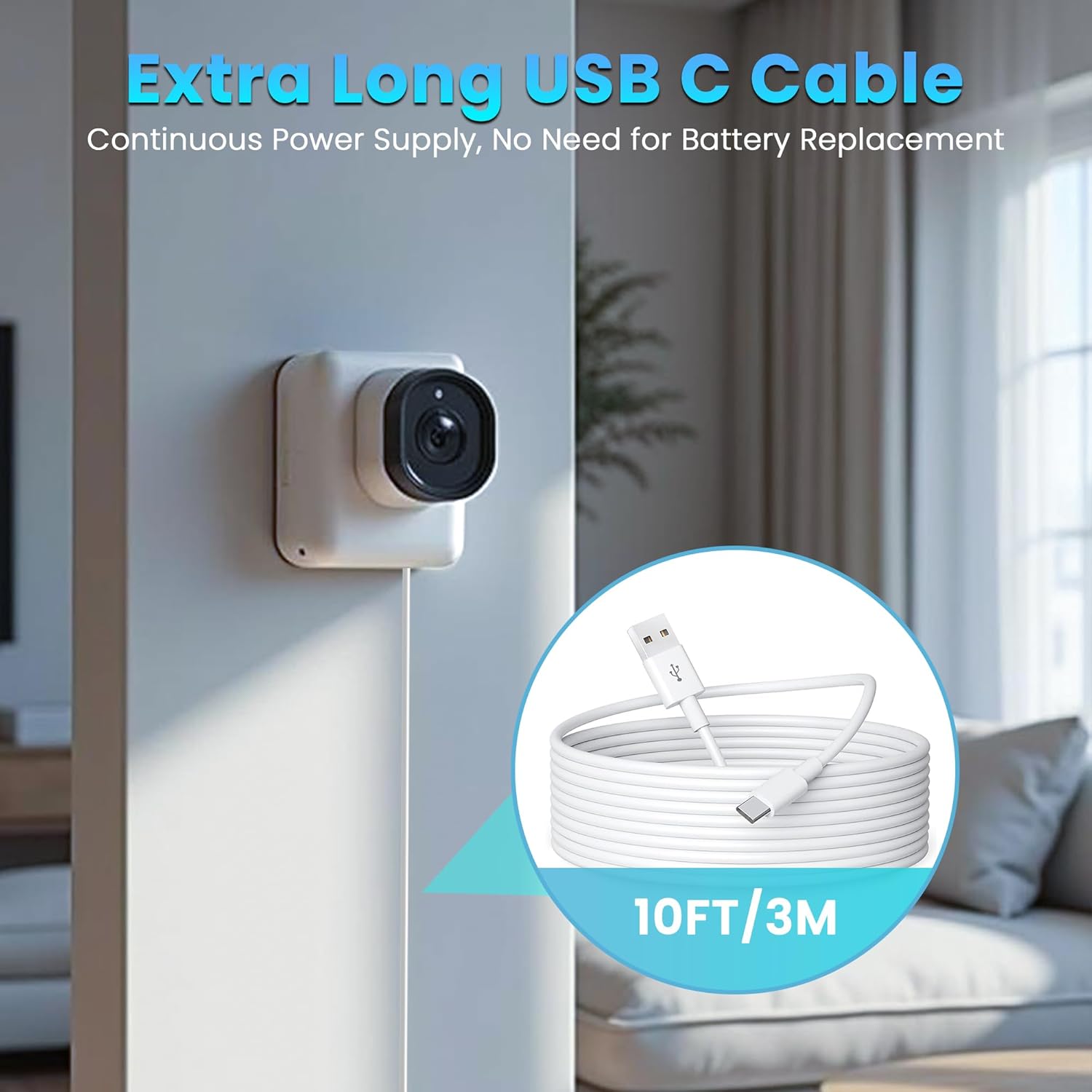 10FT/3M USB C Cable, USB A to USB C Flexible Long Cord, 5V 2A 10W Type C Durable Charging and Stable Data Transfer Cable for Home Security Cameras, Smartphones, Tablets and More (White)