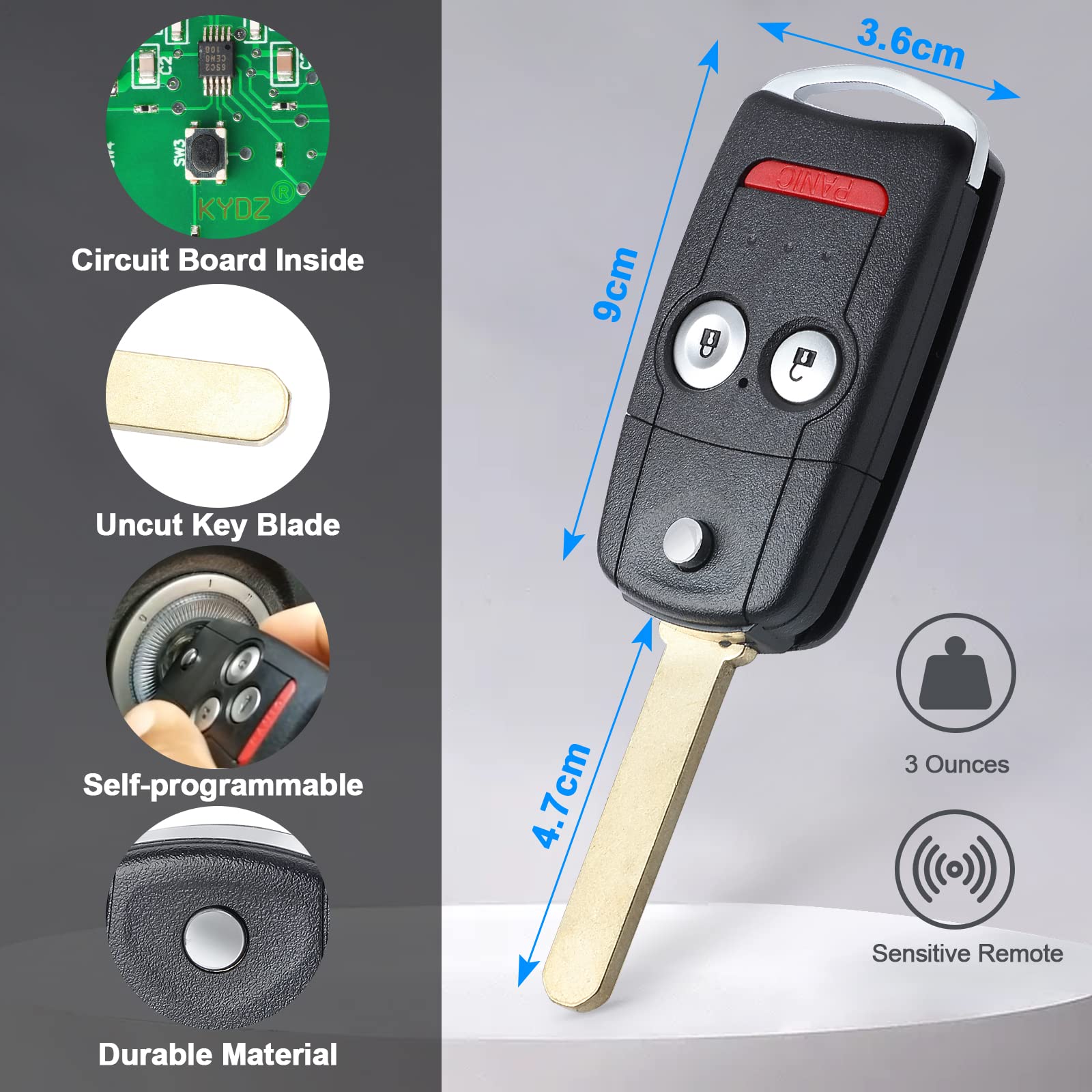 Keymall Telecomando di ricambio per chiavi auto per Acura MDX/RDX 2007 2008 2009 2010 2011 2012 2013 FCC ID:N5F0602A1A P/N:35111-STX-325/327 3 pulsanti..