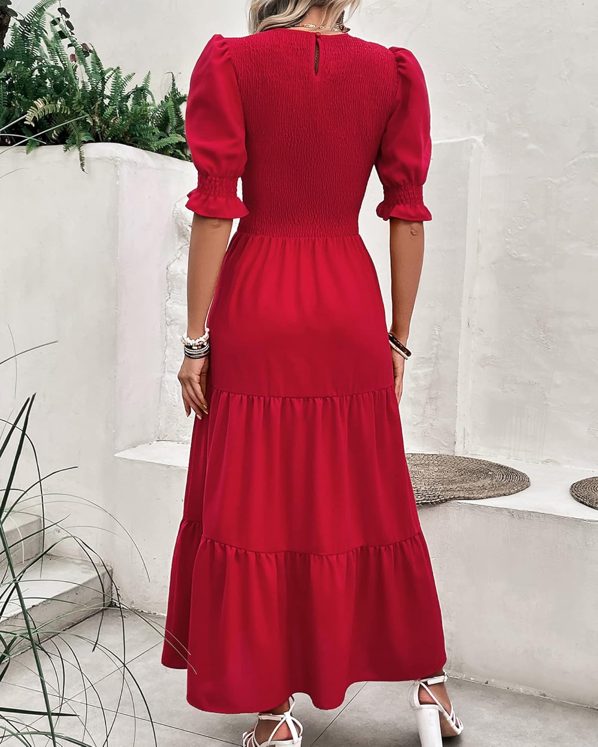 BTFBM Women Casual Summer Dresses 2026 Spring Crew Neck Ruffle Short Sleeve Smocked Floral Boho Flowy Maxi Dress Clothes - Image 4