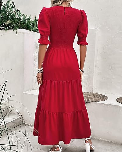 Miniatura 4 de BTFBM Vestidos para mujer, cuello redondo, casual, de verano, con volantes, manga corta, bohemio, con niveles, fruncido, largo, con estampado floral