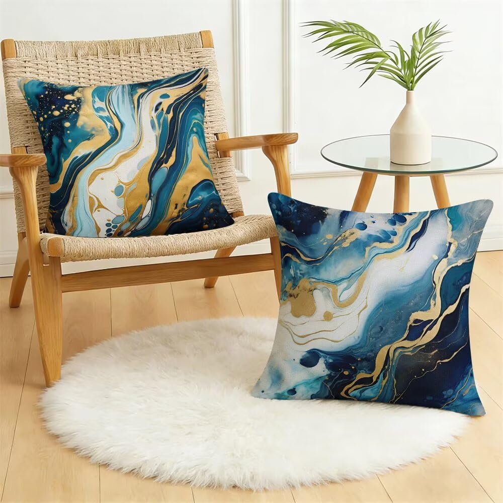 Federe Cuscini da Esterno Impermeabili 65x65 Blu Copri Cuscini per Divano Marmo Federa Cuscino Astratto Decorativi Copricuscini per Divano Giardino Patio Soggiorno Copricuscino Set di 2 (IU325)