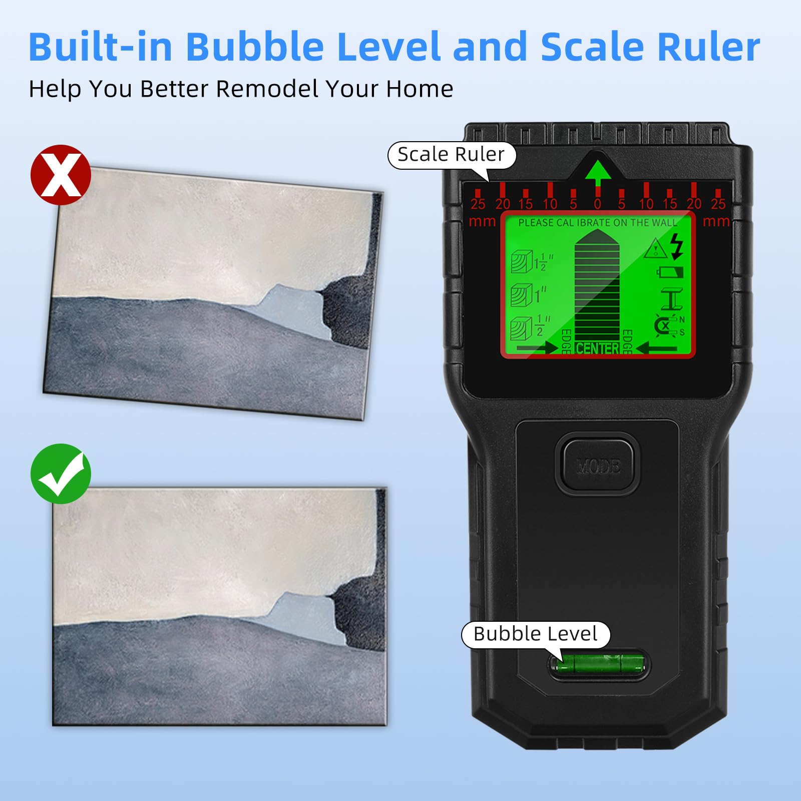 Sensore scanner da parete 8 in 1 con display LCD e allarme audio per legno, CA, filo vivo, bulloni metallici, rilevamento tubi (nero)