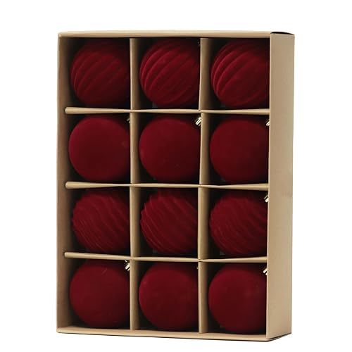 Senjie 3.15inch Burgundy Velvet Christmas Ornaments Balls Flocked Christmas Tree