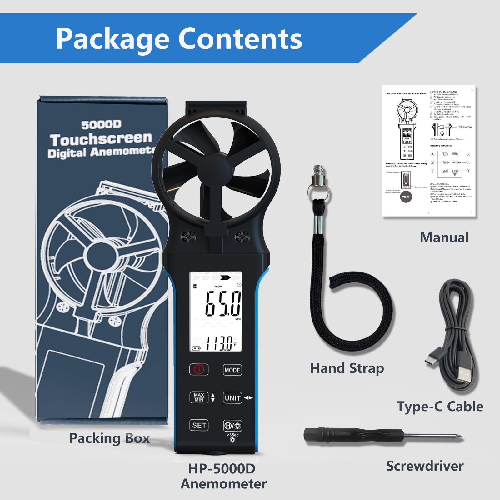 Digital Anemometer CFM CMM CMS Luftstrom-Geschwindigkeitsmesser LCD Hintergrundbeleuchtet Windgeschwindigkeit Windtemperatur HLK Windmesser 270° drehbarer Sensor