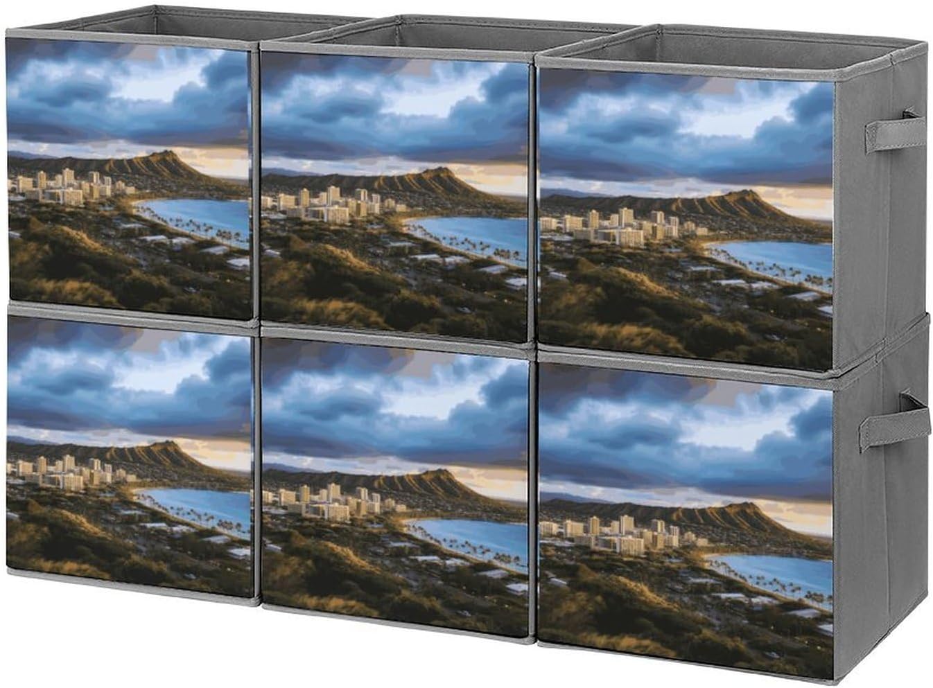 Hawaii Skyline Diamond Head Volcano Storage Cubes Set of 6 Storage Bins with Handles Collapsible Storage Basket Fabric Storage Box for Shelves Large Closet Shelf Organizer for Organization 11 Inch