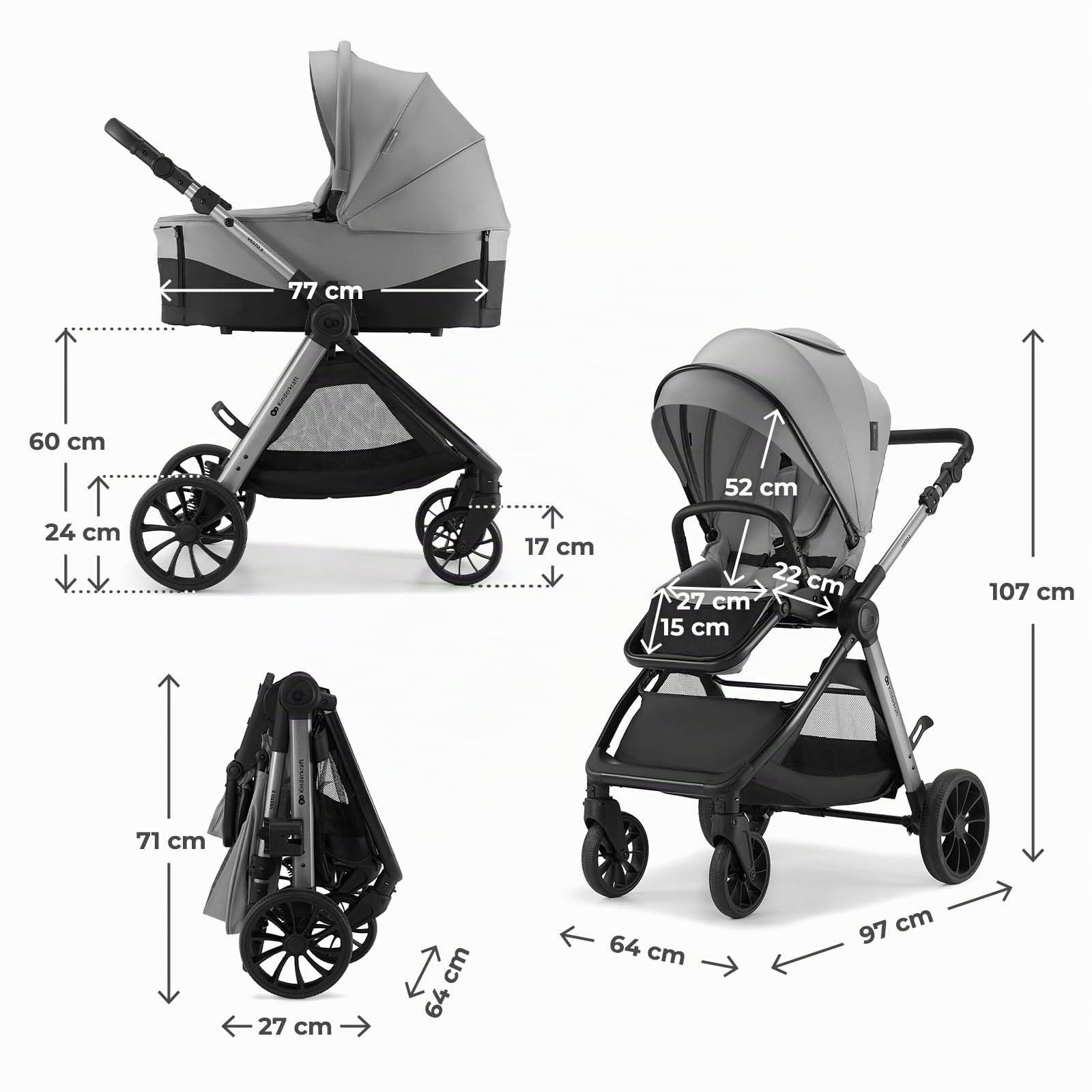 Kinderkraft VESTO 2 Carrito Bebé 3 en 1 hasta 22 kg, Capazo + Silla Paseo + Portabebés MINK PRO 2, Asiento Reversible, Travel System, Gris