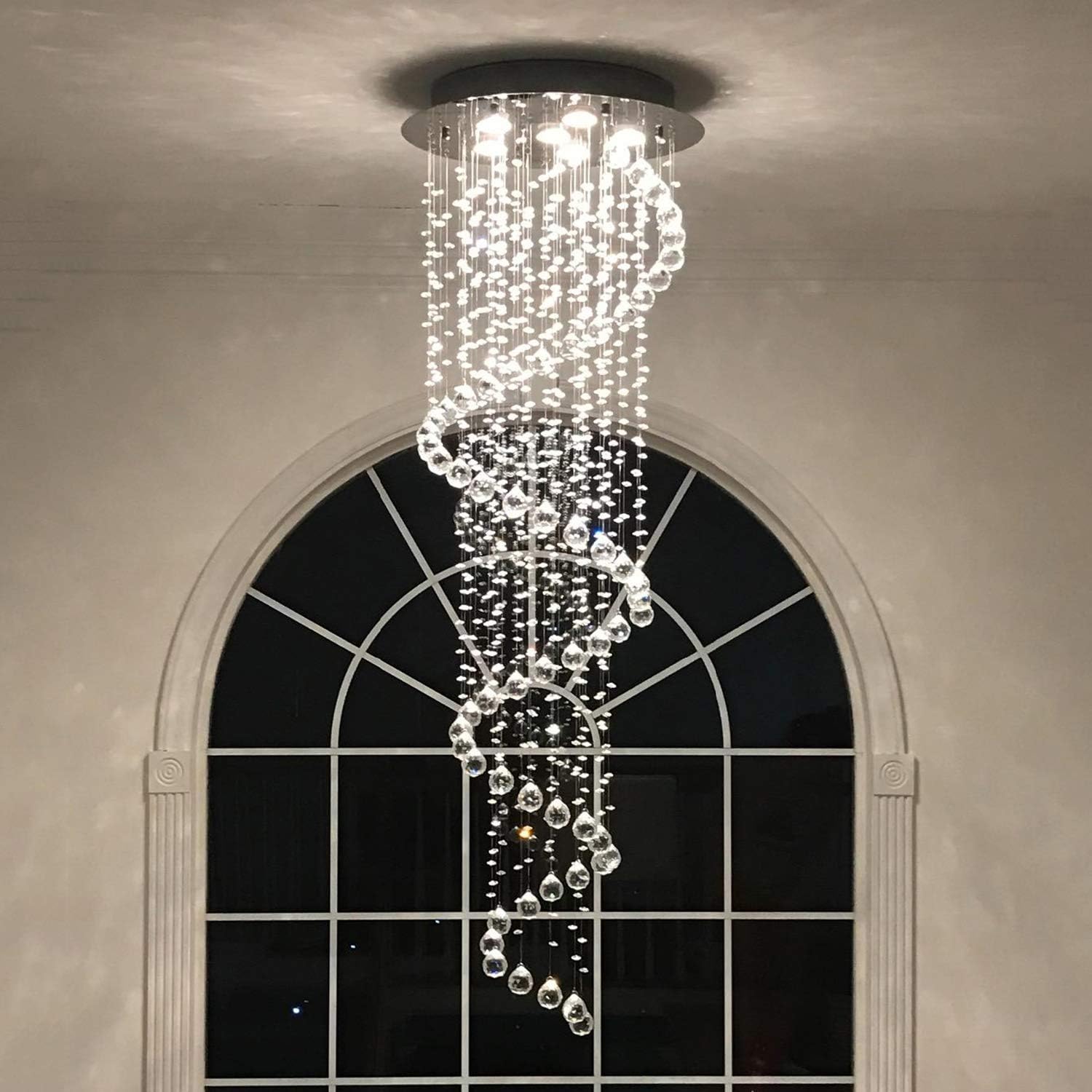 A1A9 Elegant Spiral Crystal Chandelier, Clear K9 Crystal Raindrop LED Ceiling Light, Chrome Flush-Mounted Pendant Light for Living Room, Hallway, Stairs, Foyer, Size: D50 cm, H156 cm