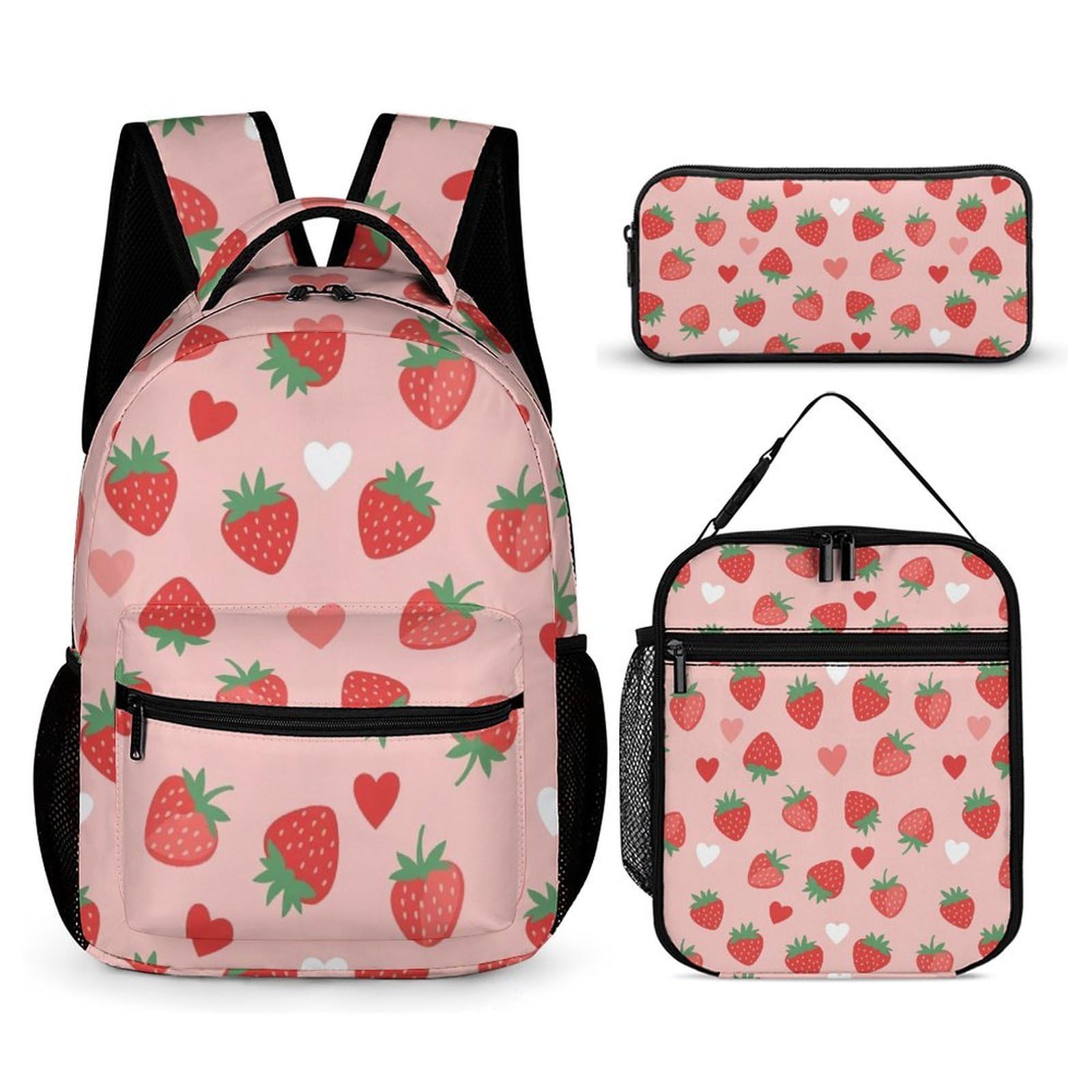 Sac à dos avec boîte à lunch, sac de rangement, ensemble cartable fraise et cosmétiques