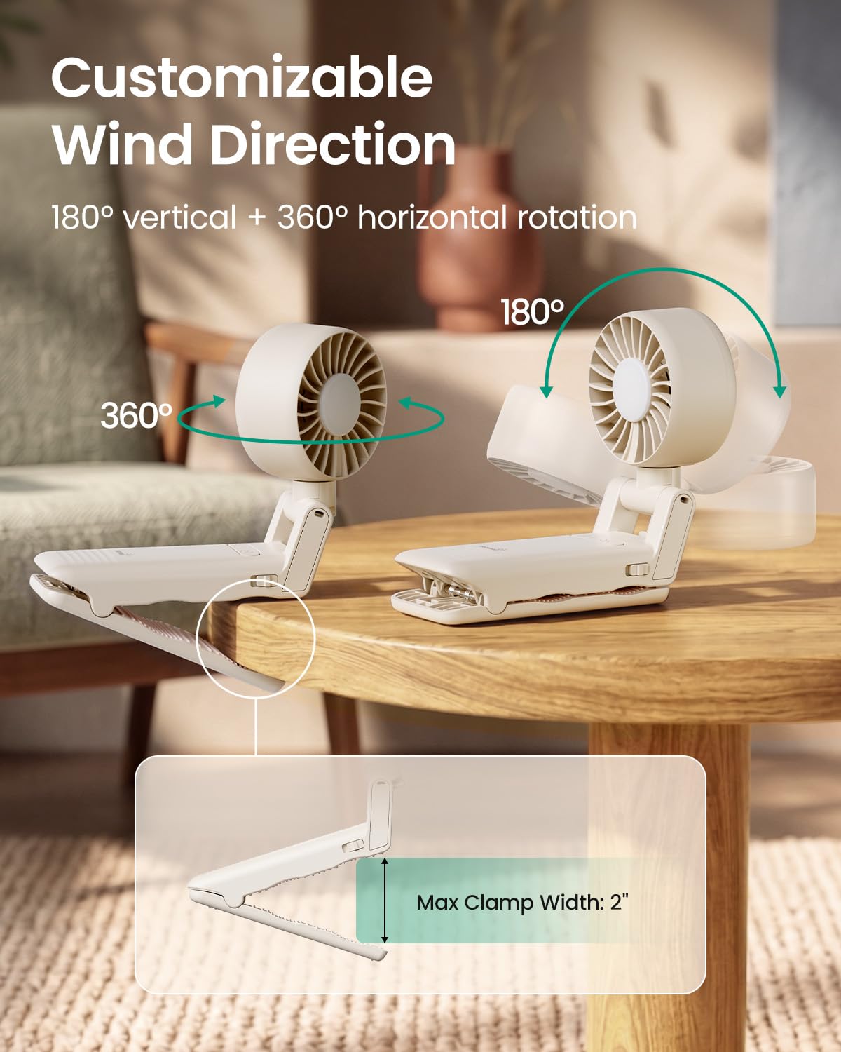 GROWNSY Ventilateur portable pour poussette | Ventilateur pliable à clipser pour bébé (kaki)