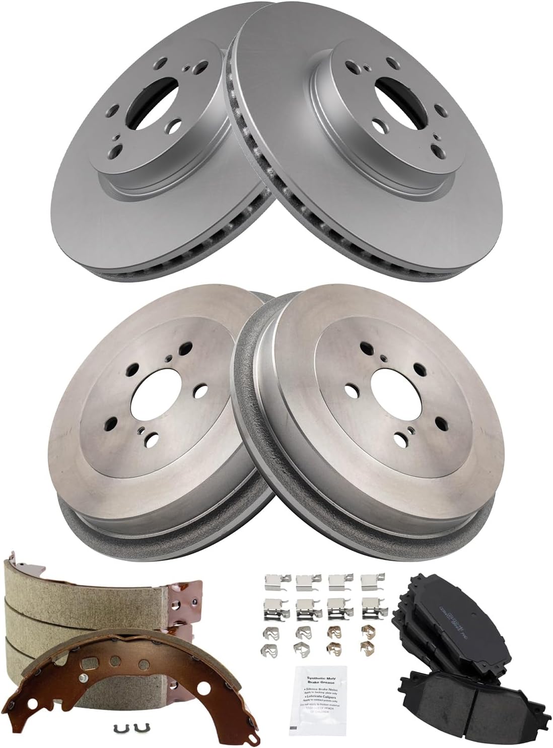 TRQ Front Rear Brake Pad Rotor Shoe Drum Kit Ceramic G-Coated Compatible with 2009-2019 Toyota Corolla