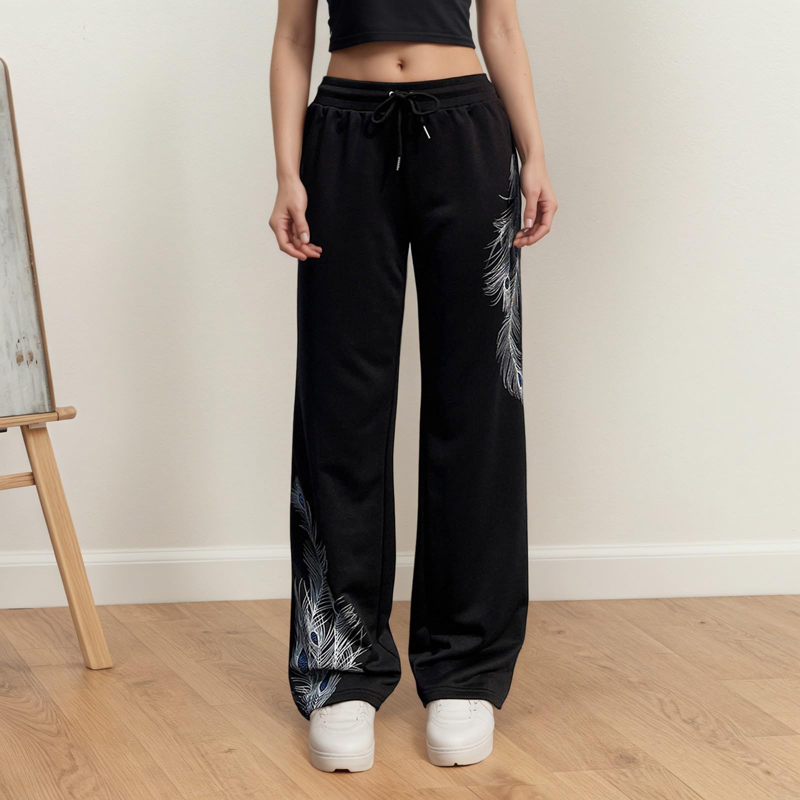 Pantalon Chandal Mujer Chandal Ancho Jogger Pantalones Casuales Estampados con cordón Ajustable Tiro bajo diseño Urbano Pierna Recta y cómodos para Mujer