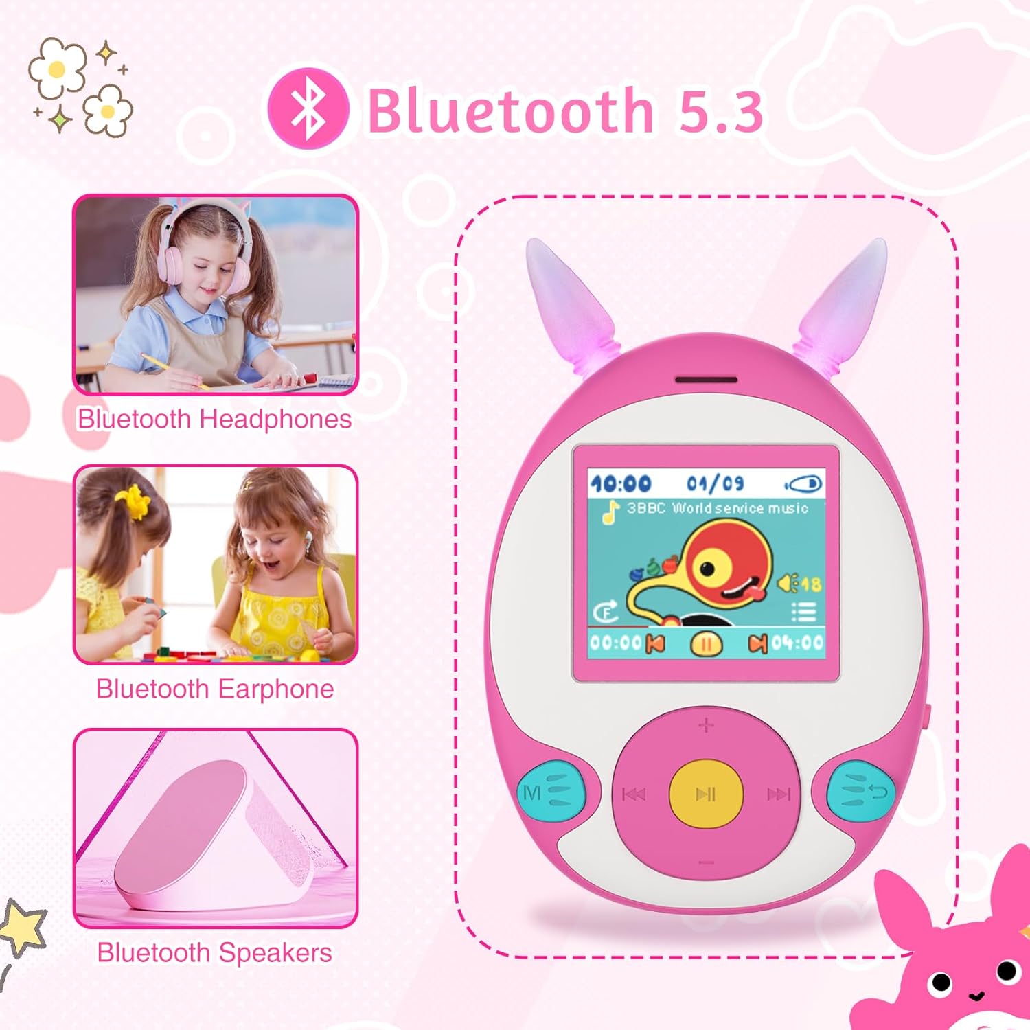 64GB MP3 Player for Kids, Kids MP3 Player with Bluetooth, Front Speaker, Games, Recorder, Ear Lights, Alarm, Music Player Expandable Up to 128GB(Earbud, Aux Cable, Lanyard Included)