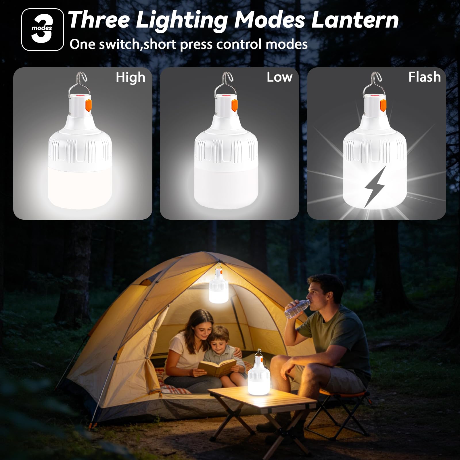 Lámpara Camping Recargable LED 500LM 3 Modos Impermeable Portátil con Gancho