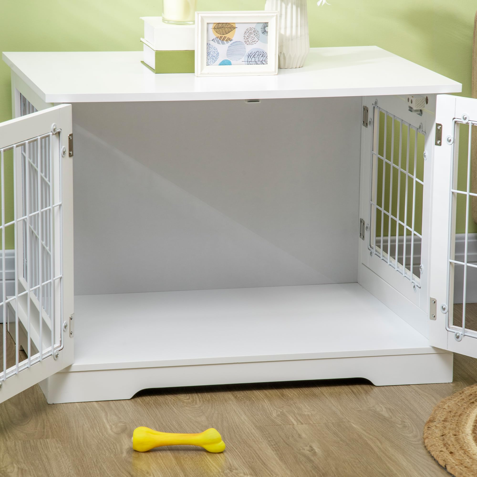PawHut Jaula para Perros de Madera 76x54,5x56 cm Caseta para Perros con Mesa de Almacenamiento con Rejillas de Acero y 2 Puertas de Pestillo Blanco