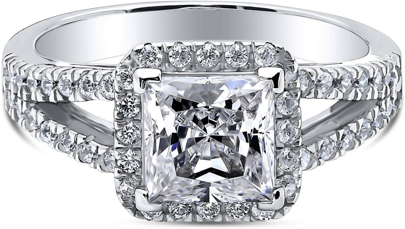 BERRICLE Sterling Silver Halo Wedding Engagement Promise Rings Split Shank Ring for Her, Princess Cut Cubic Zirconia CZ