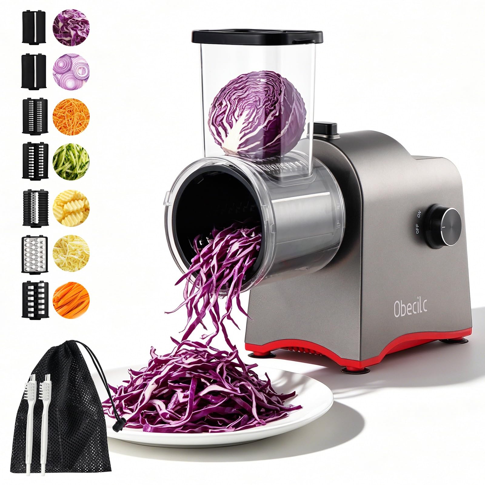 Grattugia elettrica 7 in 1 con motore da 300 W, affettatrice multifunzione per frutta, lame intercambiabili e scatola portaoggetti, per patate intere