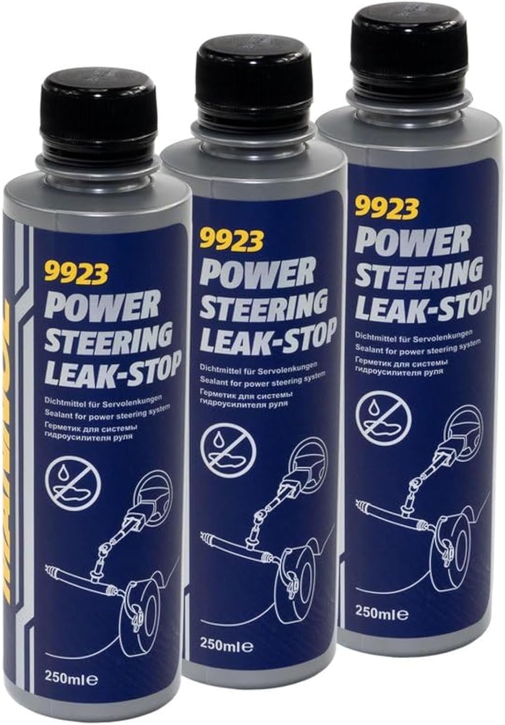 Mannol HTE - Central Hydraulic Fluid 8990, Power Steering Fluid 8980, and Power Steering Leak-Stop 9923 – Complete Hydraulic and Steering System Maintenance Set (9923 Power Steering Leak-Stop 250 ml)
