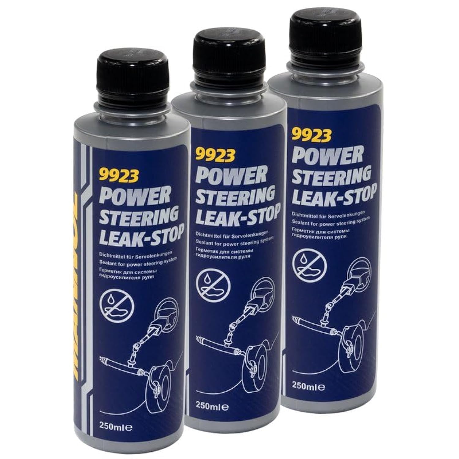 Mannol HTE - Central Hydraulic Fluid 8990, Power Steering Fluid 8980, and Power Steering Leak-Stop 9923 – Complete Hydraulic and Steering System Maintenance Set (9923 Power Steering Leak-Stop 250 ml)