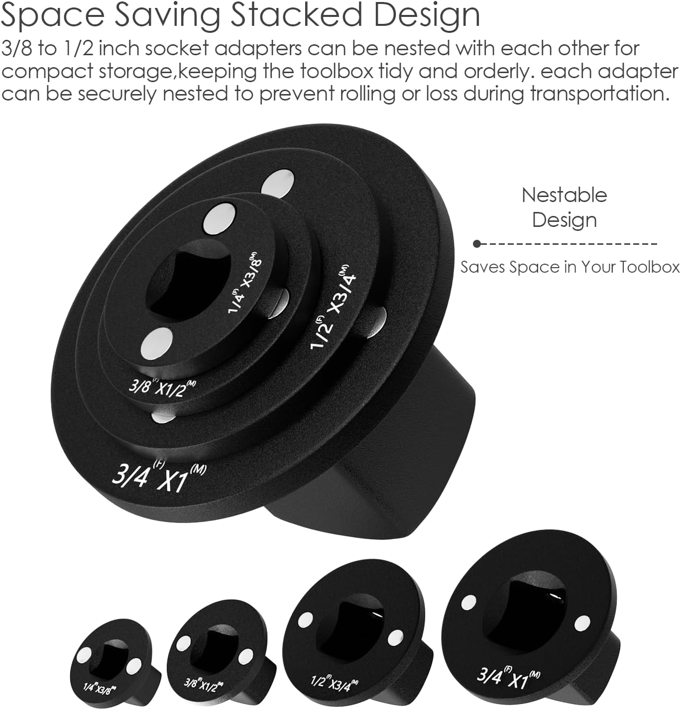 Low Profile Impact Socket Adapter Set. Drive Ratchet Adapter Set (1" to 3/4", 3/4" to 1/2", 1/2" to 3/8",and 3/8" to 1/4"）4PCS