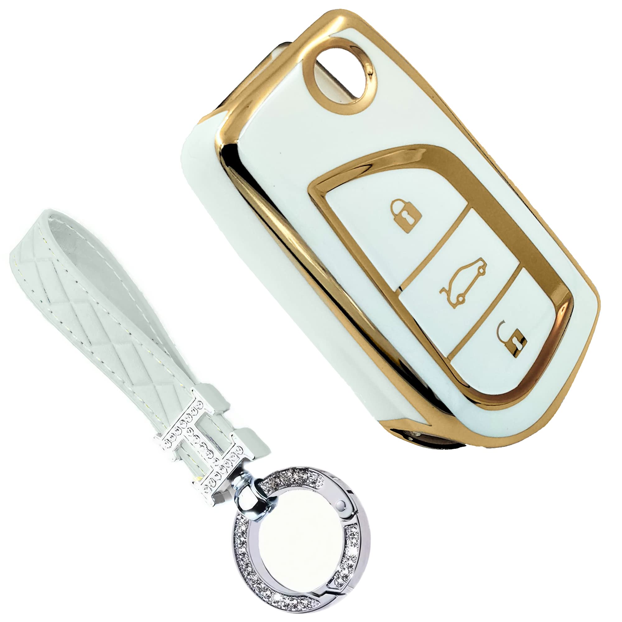 Car Key Cover Case with Golden Rim for All Latest Accessories for Toyota Innova | Corolla-Altis | Camry | Hilux (Toyo-TA FLIP1, White+Keychain)