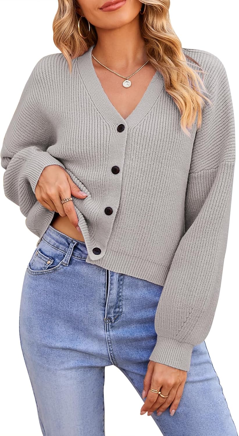 Pink Queen Women's 2025 Fall Button Down V Neck Batwing Long Sleeve Ribbed Knit Cropped Cardigan Sweater Top