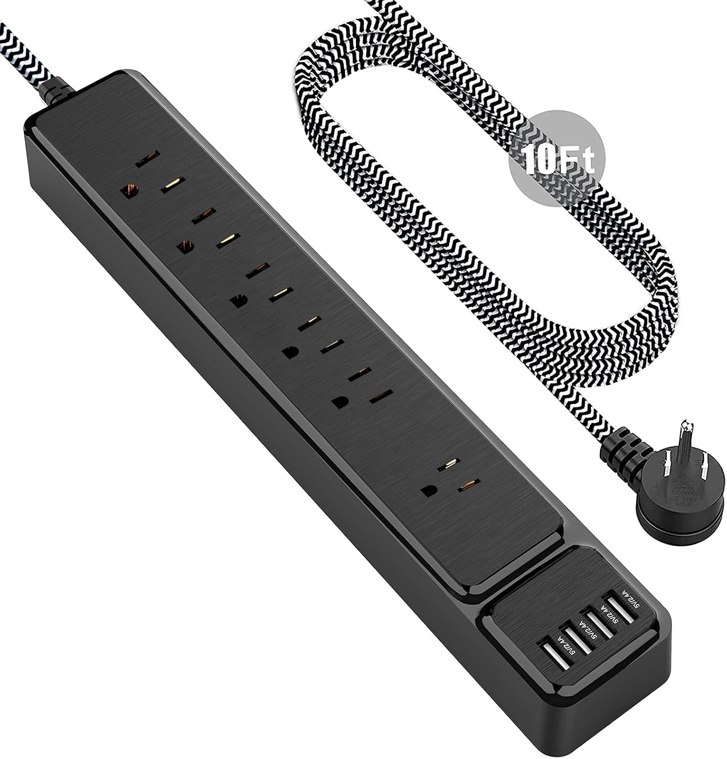 Power Strip, Surge Protector with 6 Outlets & 4 USB Charging Ports, 1250W/10A, Angled Flat Plug, Spaced Outlets & ETL Listed Power Outlet for Home Office (10ft, Black)