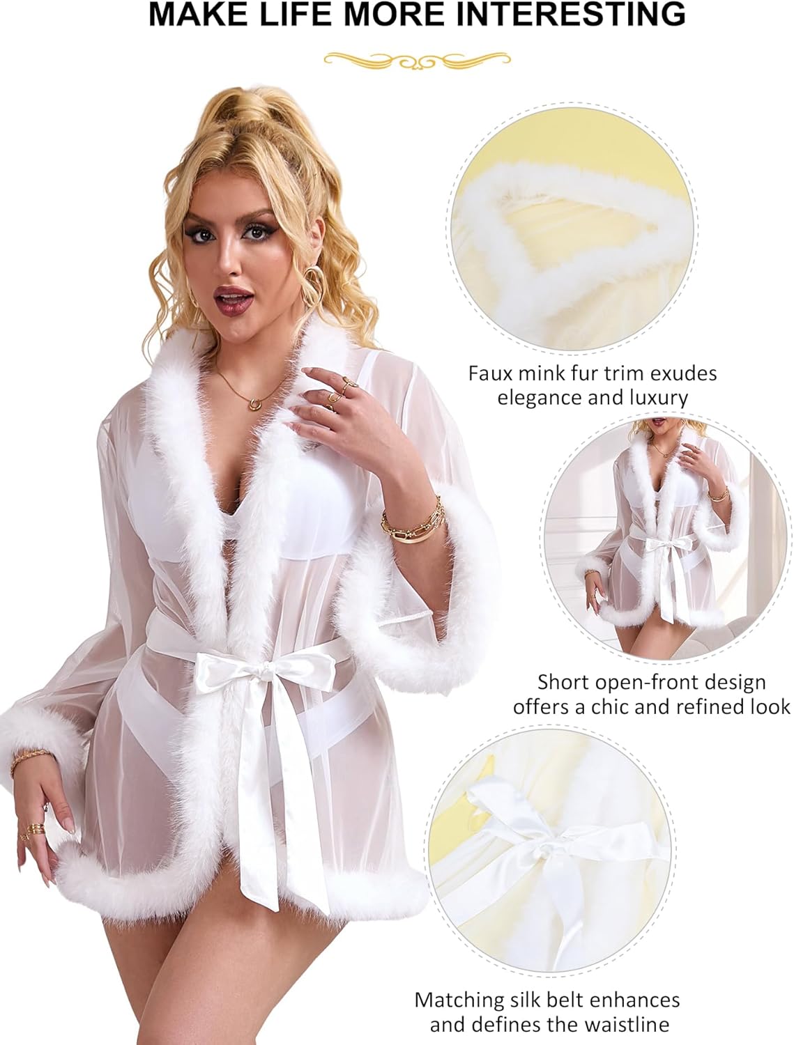 comeondear Fur Feather Robe for Women Sheer Long Sleeve Kimono Robe Nightgown Plus Size Bridal Robe with Belt - Image 6
