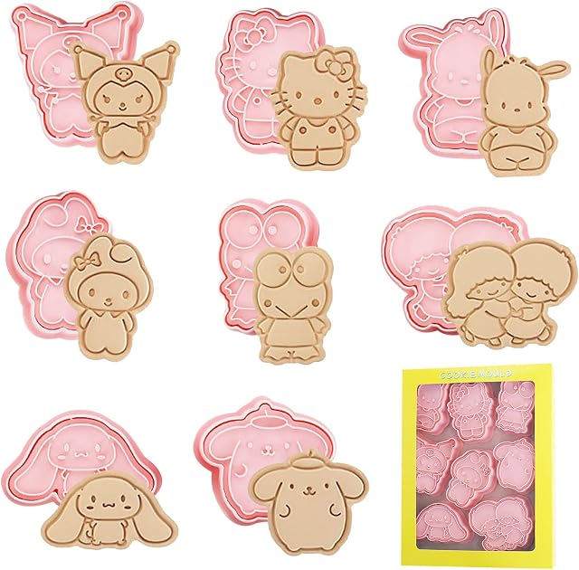 Cartoon Cookie Cutters Set 8 Pieces Sanrio Cartoon Cookie Mold 3D Cartoon Fun Biscuits Mould Set Cartoon Pattern Printing DIY Baking Tools for Kids Cake Pastry Decor