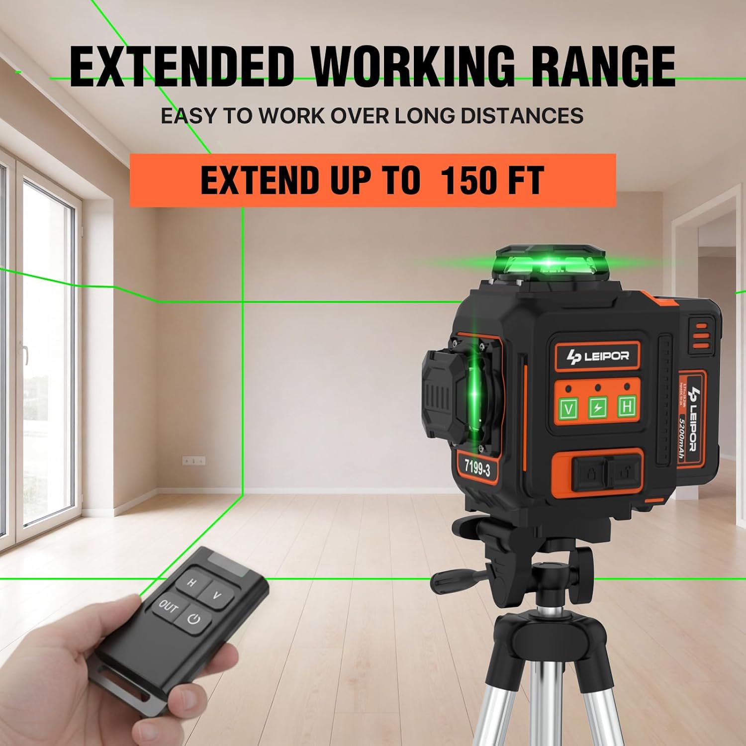 Laser Level with Tripod, LP LEIPOR 3x360° Self Leveling Laser Level, Green Line Laser 3D Laser Leveler Tool with 2Pcs Lithium Batteries for Picture Hanging, Tile, Home Renovation, Indoor