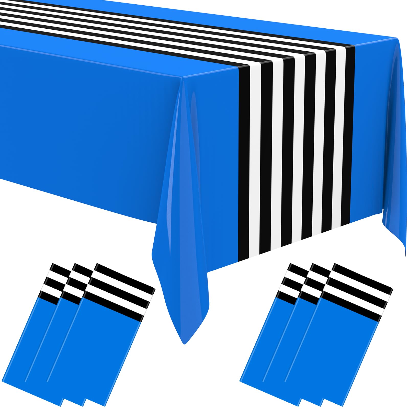 Oudain 6 Pcs Striped Tablecloth 108 x 54 Inch Disposable Plastic Table Cloth Waterproof Tablecloth Rectangle Table Cover for Birthday Wedding Bridal Party Supplies (Black White Dark Blue)