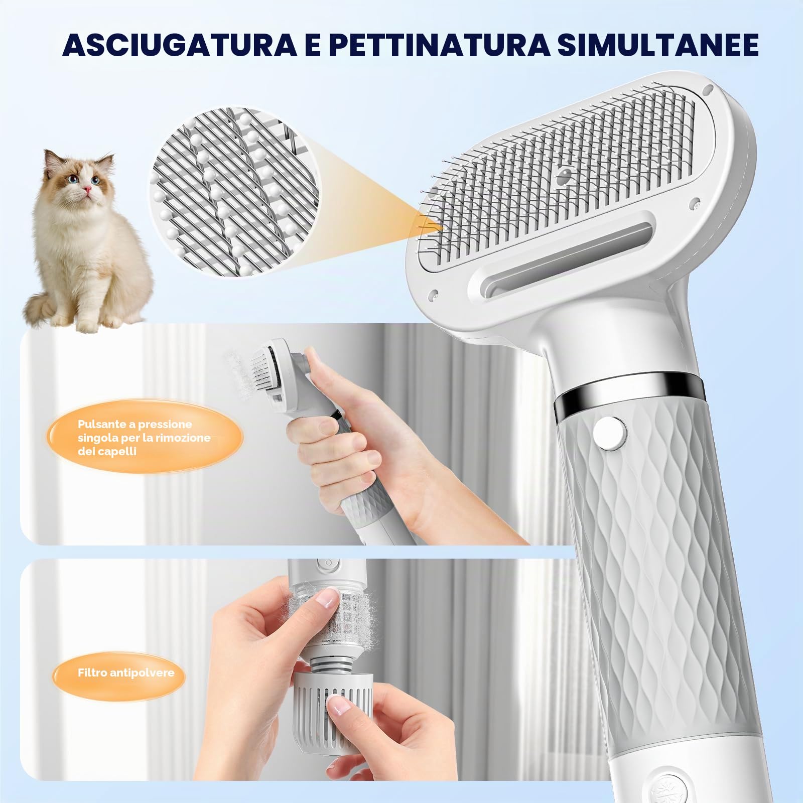 Asciugacapelli Portatile per Cani 4 in 1 con 4 ugelli, asciugacapelli per Animali Domestici con velocità e Temperatura Regolabili per casa, Viaggi e Campeggio