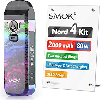 Official SMOK Nord 4 E Cigarette Vape Starter Kit, 80W 2000mAh, 2ml Airflow Control Vaping, OLED Display, USB Type-C Fast Charging, RPM Mesh 0.4ohm coil preinstalled, No Nicotine, Fluid 7-Color