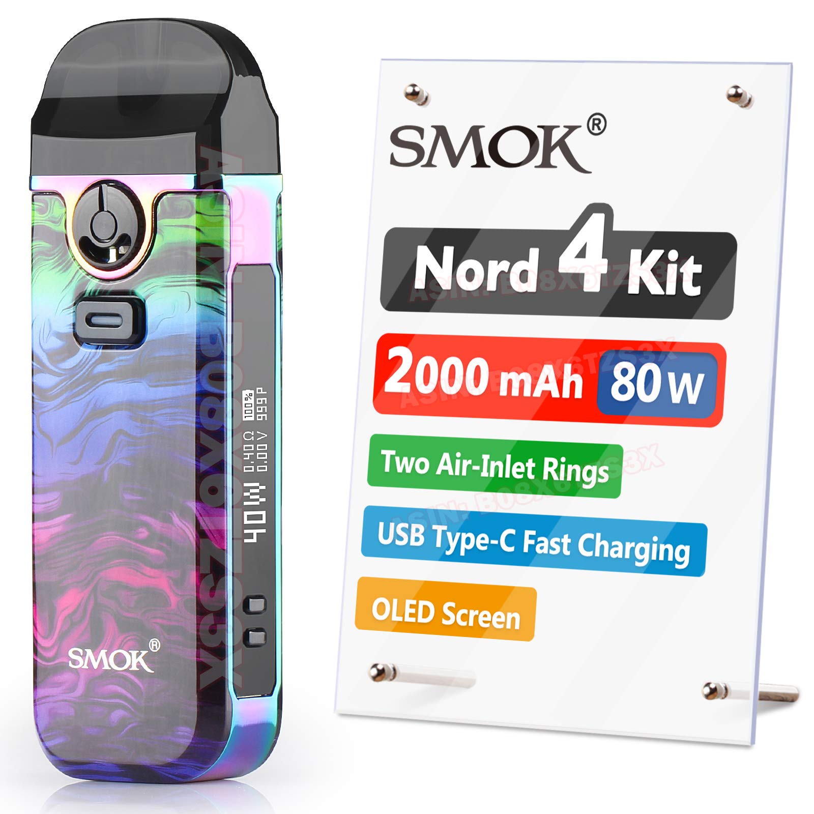 Official SMOK Nord 4 E Cigarette Vape Starter Kit, 80W 2000mAh, 2ml Airflow Control Vaping, OLED Display, USB Type-C Fast Charging, RPM Mesh 0.4ohm coil preinstalled, No Nicotine, Fluid 7-Color