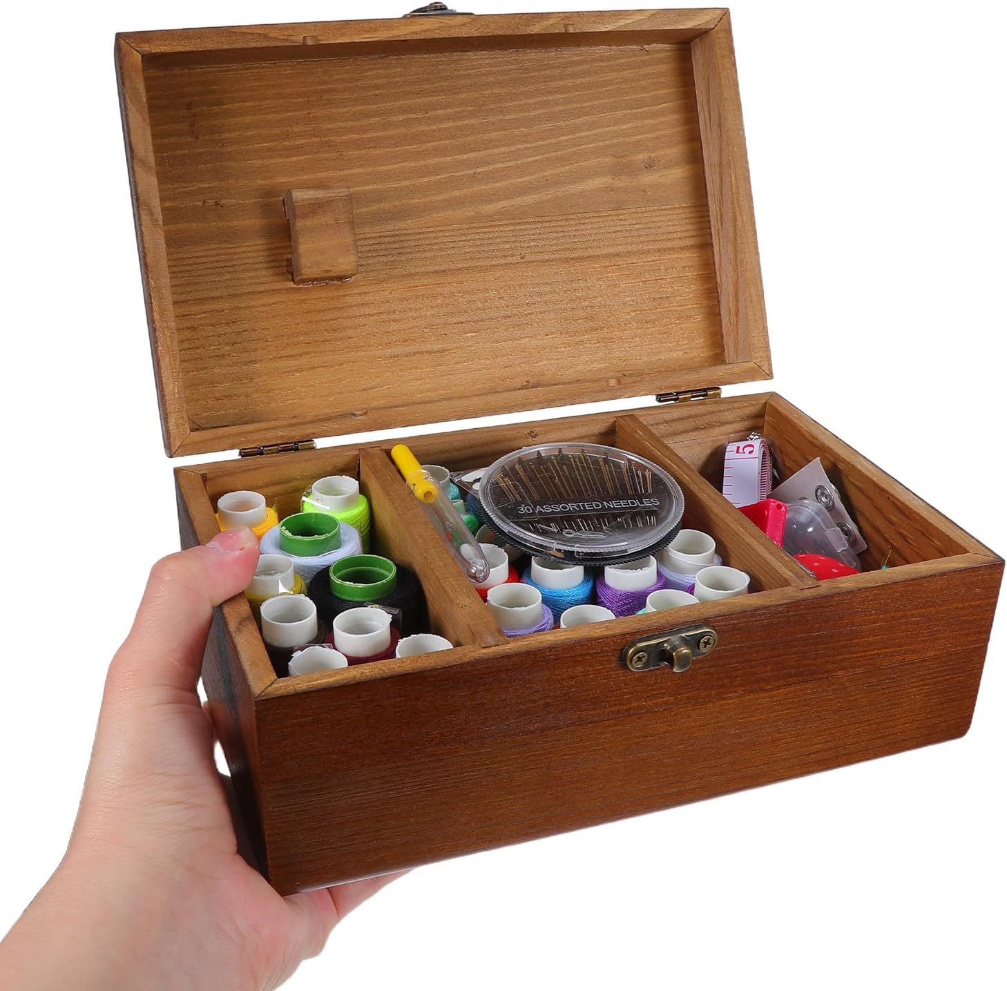 Generic 1 Set Sewing Kit with Wood Box 3 Compartments Home Sewing Repair Tool Beginner Universal Knitting Accessories for Women Men Adults Crochet