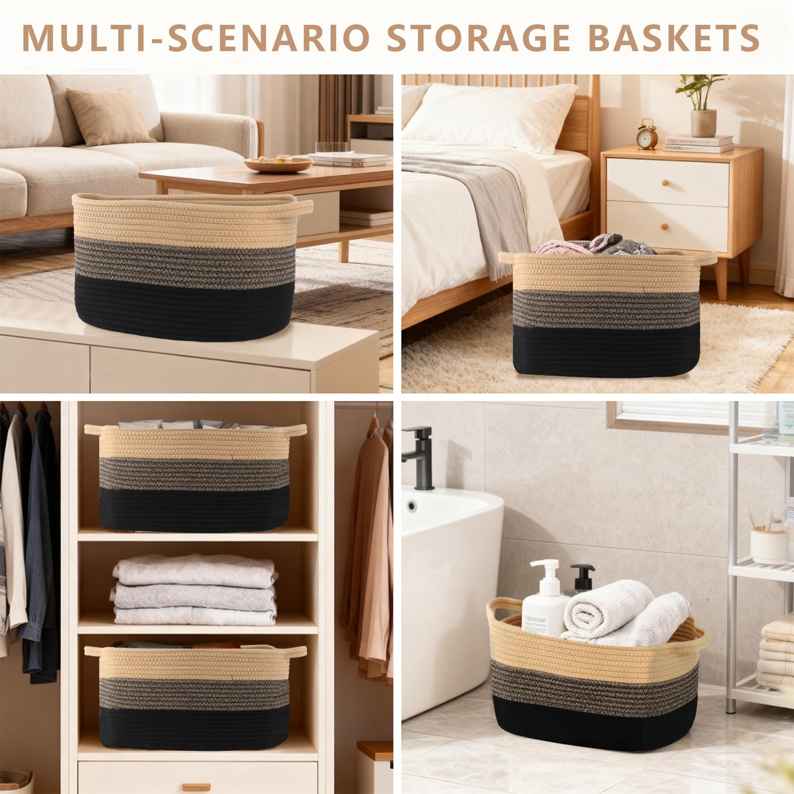Lot de 3 paniers de rangement tressés en coton - Petits paniers tissés pour salle de bain - Panier décoratif (Brun noir)