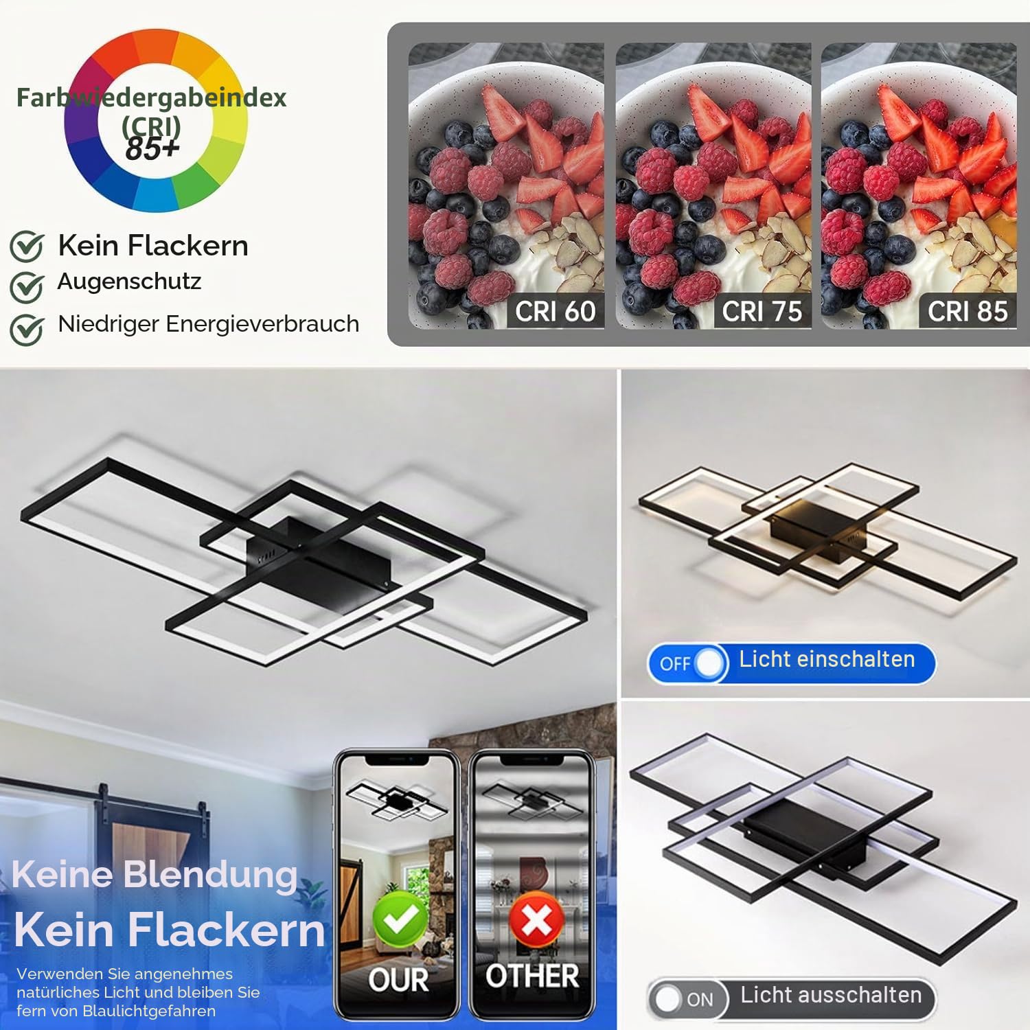 Deckenlampe Wohnzimmer 60W Modern LED Deckenleuchte Eckig, 3000k-6000k Lampen Wohnzimmer Deckenbeleuchtung mit Fernbedienung （80cm，Schwarz）