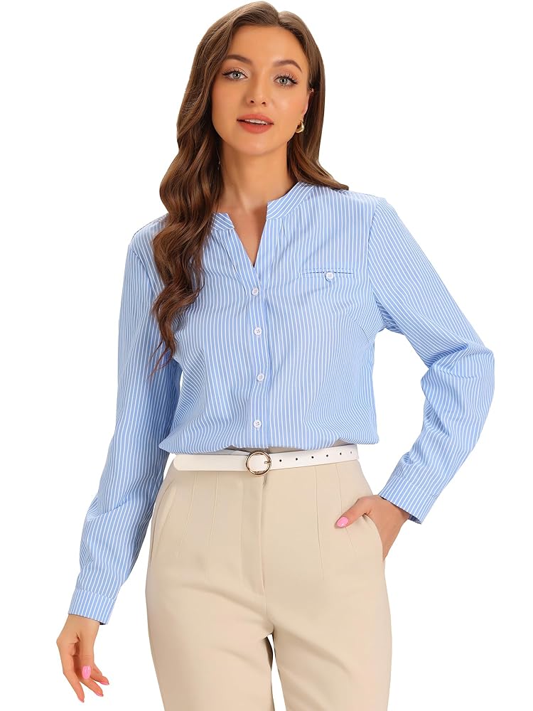 Allegra K Striped Button Up Shirt for Women's Collarless Long Sleeve V Neck  Office Work Top X-Small Blue at Amazon Women's Clothing store