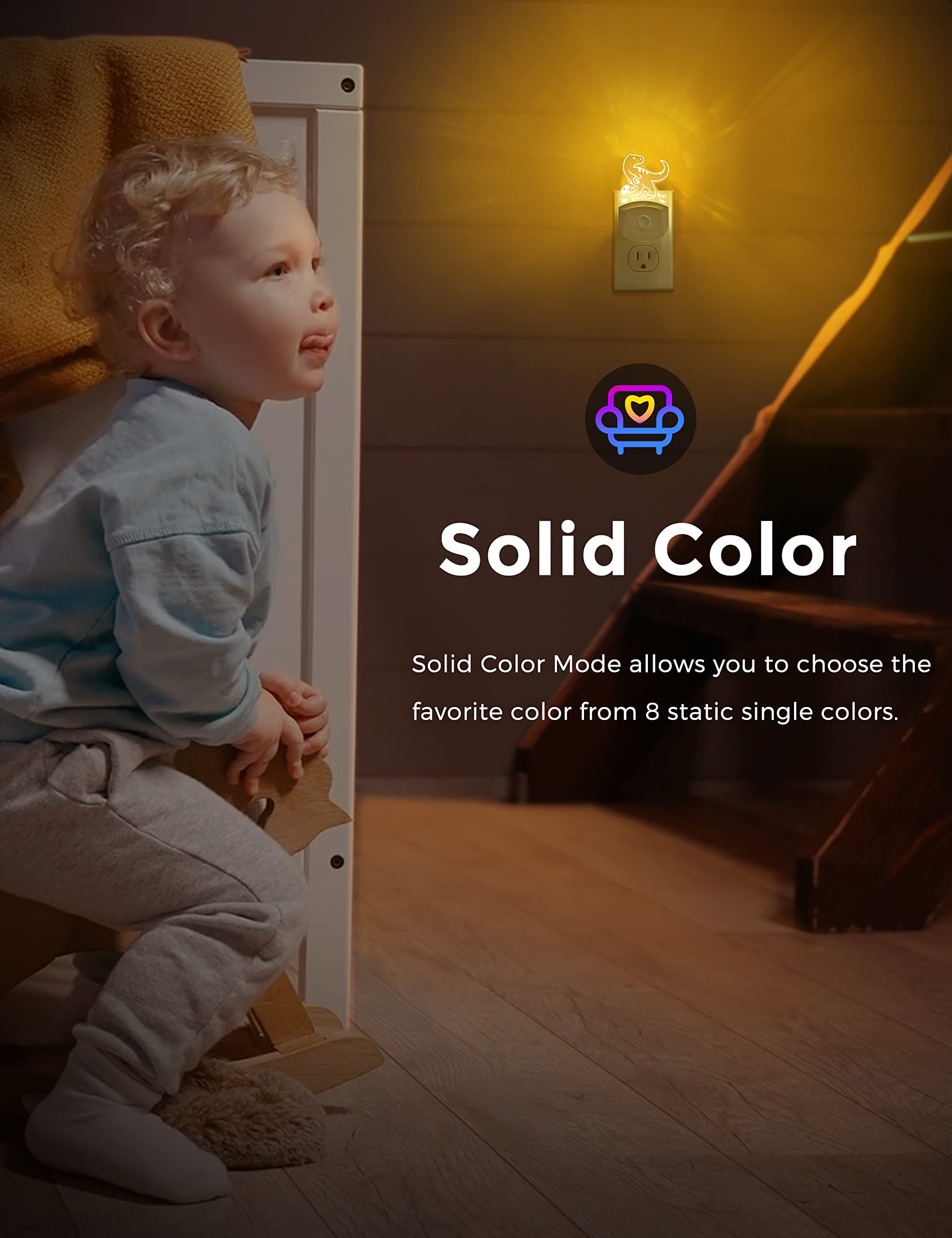 LOHAS - Luz nocturna de dinosaurio para niños, luz nocturna para niños, enchufe del atardecer al amanecer, luces nocturnas LED velociraptor enchufables a la pared, RGB + blanco suave 3000K, 3 modos de 7