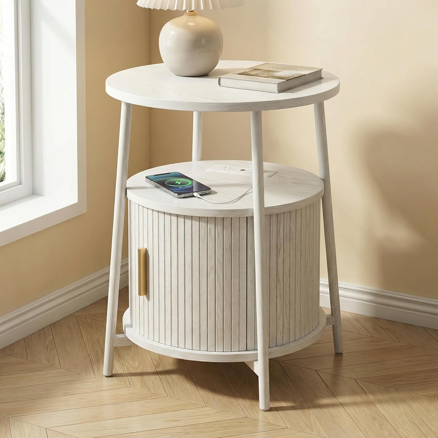 Round End Tables with Drawer: Fluted Side Table with Charging Station, Mid-Century Modern Nightstand with Sliding Door for Small Space Storage, Living Room, Bedroom