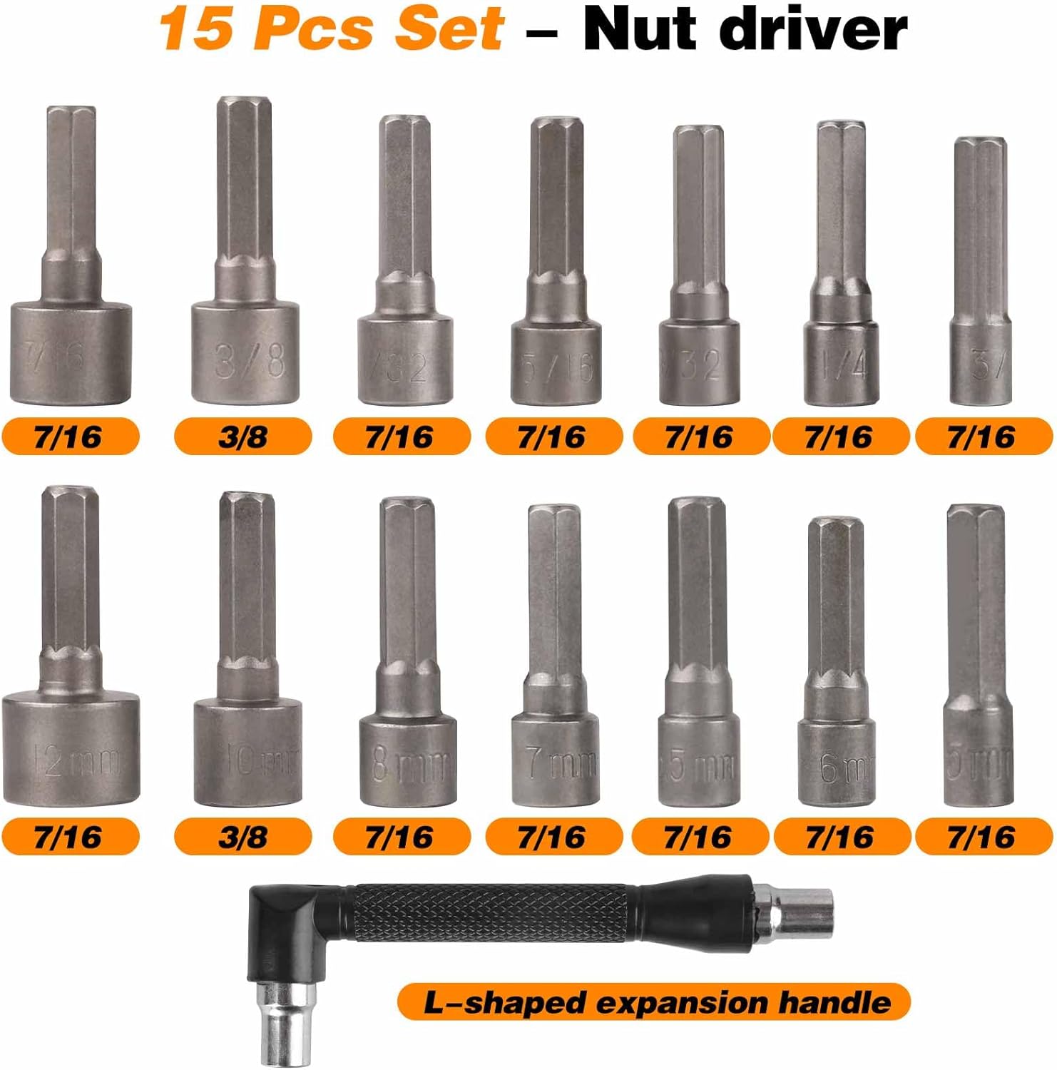 15pcs nut driver set,Hex 5/16 Drill Bit Nut Driver Set Socket Adapter 1/4 inch 42mm electrician tools, Contain L-shaped manual tool+ nylon storage bag