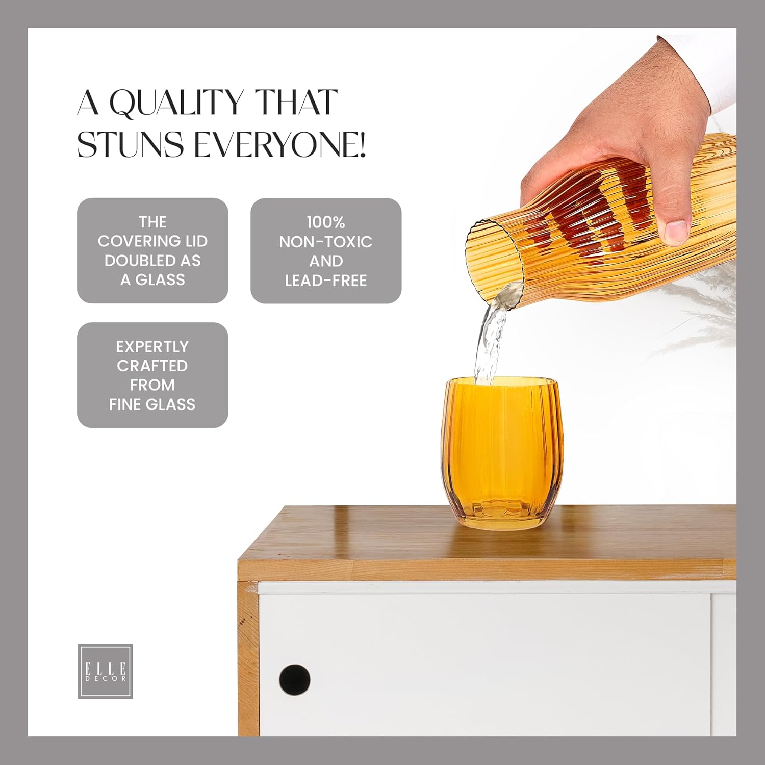 Elle Decor Ribbed Bedside Water Carafe with Tumbler Set, 39 oz Amber Glass Pitcher & Matching Drinking Cup – Ribbed Drinkware with Lid-Style Tumbler for Guest Room, Office or Gift Use - Image 4