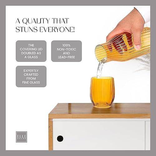 Miniatura 7 de elle decor Jarra de agua acanalada con juego de vaso, jarra de vidrio acanalado y vaso a juego que se dobla como tapa, jarra de 39 onzas para