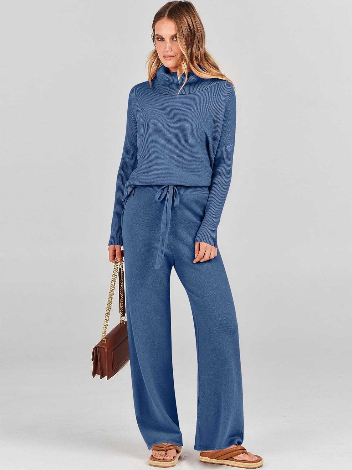 ANRABESS Women Two Piece Outfits Oversized Turtleneck Knit Pullover Sweater Top Wide Leg Pants Lounge Set Sweatsuit 2025 Fall - Image 6