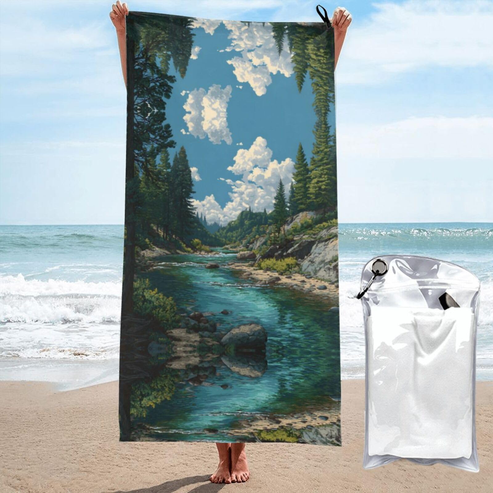 ESNAIUVCD River Print Beach Towel, Microfibre Sauna Towel, Quick-Drying Fitness Towel, Lightweight And Thin Portable Sauna Towel