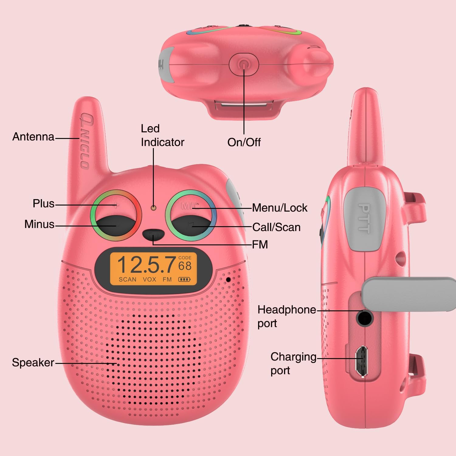 Qniglo Walkie Talkies for Kids, Rechargeable walkie Talkie Watch for Kids，3-Mile Range, 7-Day Standby, VOX， Backlit LED Screen， Great Gift for Girls and Boys Ages 3-12 (2-Pack) image 4
