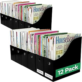 Magazine File Holder - Set of 12 Black - Office Desk Organizer - Sturdy Cardboard - New Upgraded Double Front Panel for More Stability - Full 4 Inch Wide - Easy Assemble